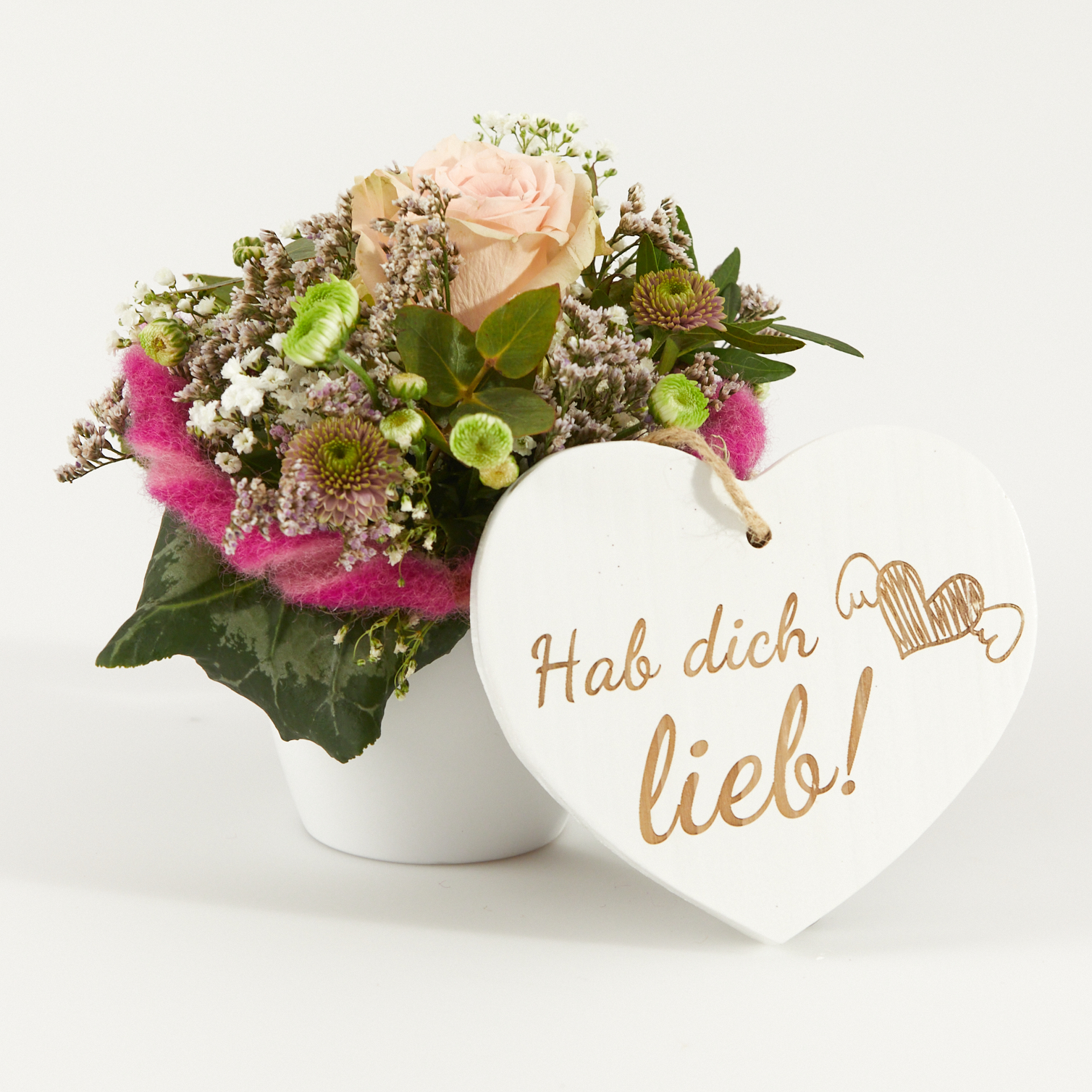 Gesteck "Rose" mit Holzherz "Hab dich lieb!"